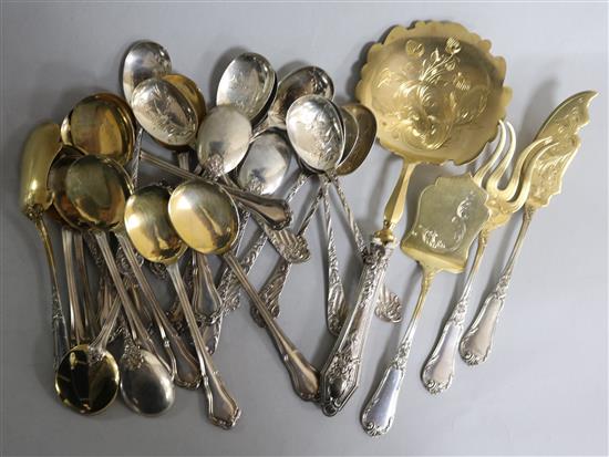 Two sets of French silver sorbet spoons (12 & 11), two pairs of 800 standard silver servers and one other server, silver servers